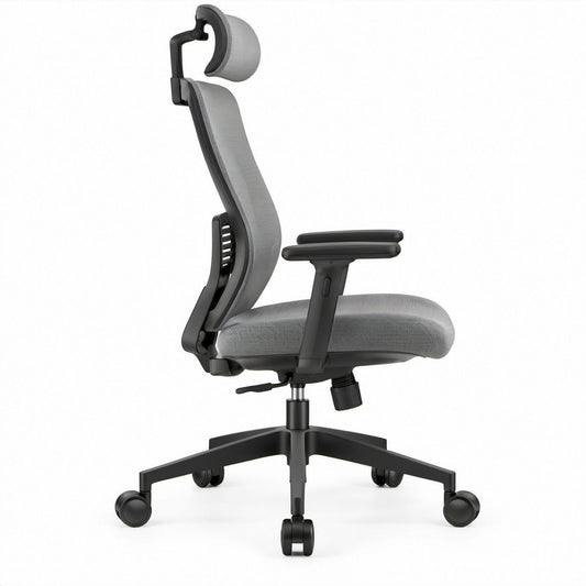 Ergonomiczny fotel obrotowy z regulowanym zagłówkiem, szary/czarny, 66 x 66 x 118–128 cm