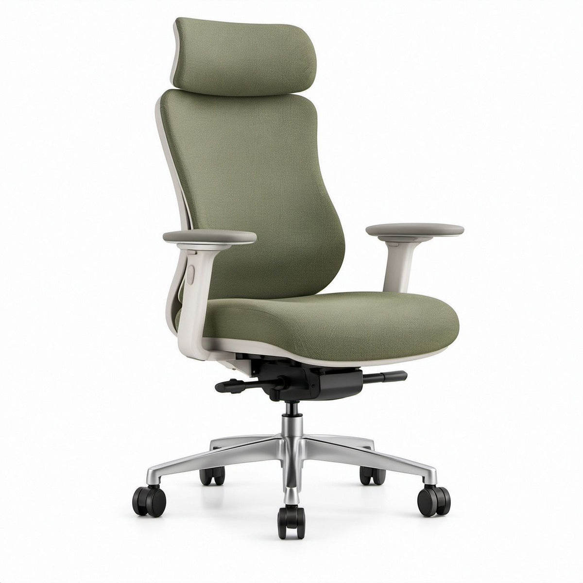 Ergonomiczny oliwkowy fotel obrotowy z zagłówkiem, 68 x 68 x 119–129 cm