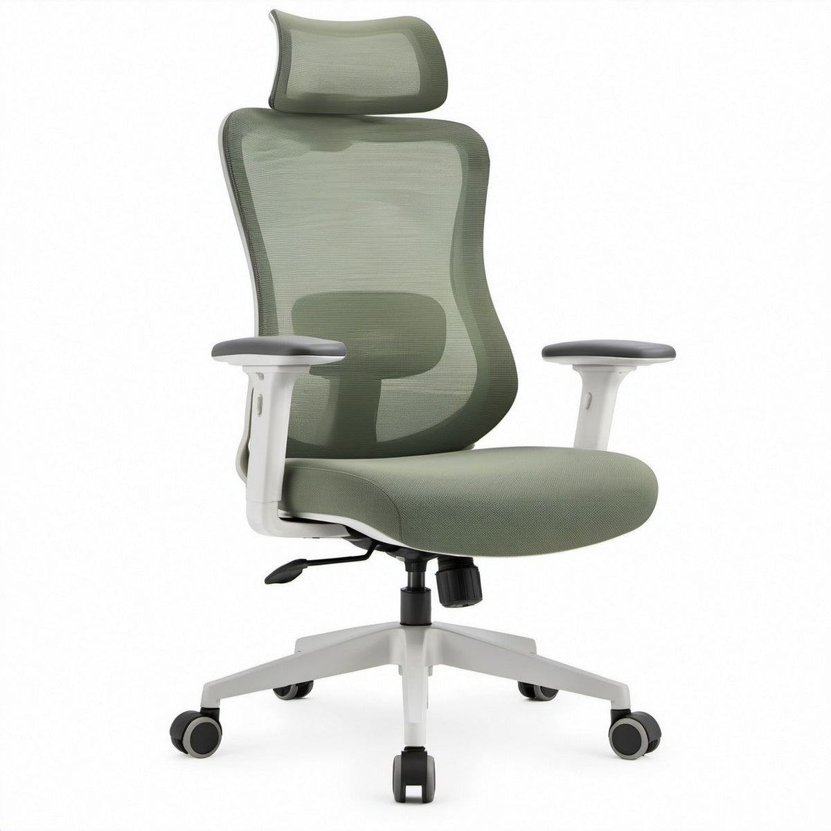 Ergonomiczny fotel biurowy obrotowy z regulowanym zagłówkiem, zielony szałwiowy, 65 x 65 x 115–125 cm