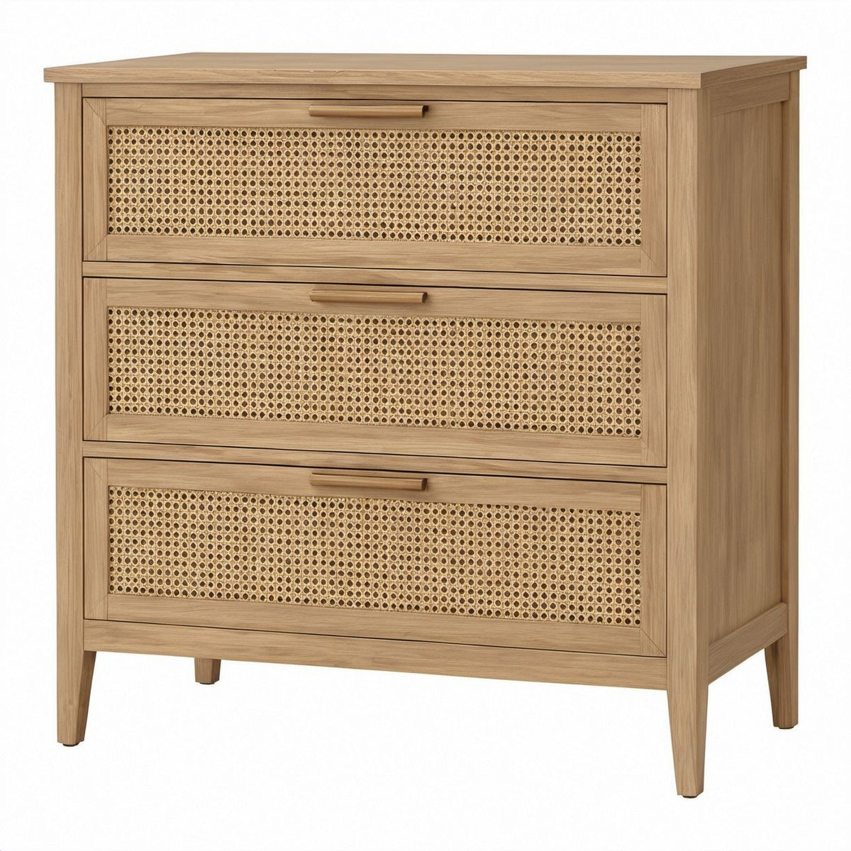 Komoda z 3 szufladami z litego dębu i rattanu, naturalny dąb/naturalny rattan, 90 × 45 × 110 cm