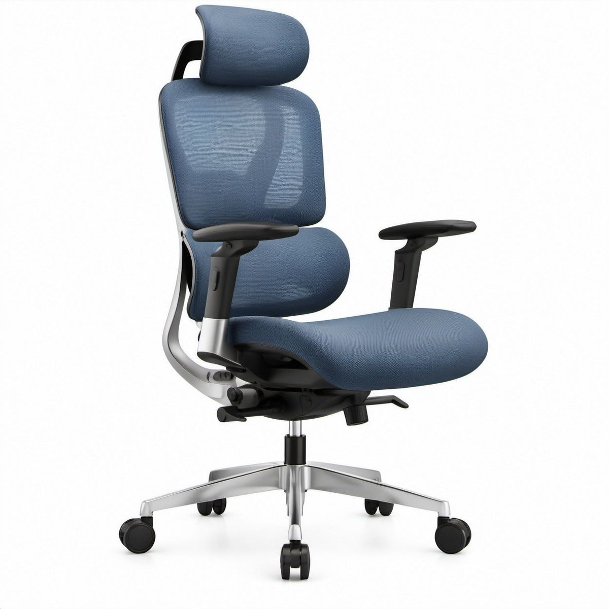 Ergonomiczny obrotowy fotel biurowy z regulowanym zagłówkiem, niebiesko-czarno-srebrny, 66 x 66 x 117–127 cm