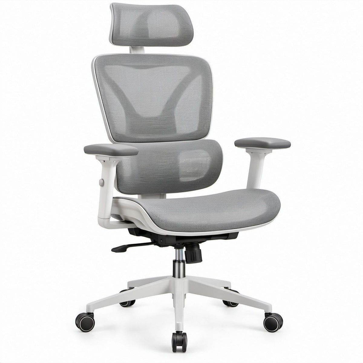 Ergonomiczny fotel biurowy obrotowy z zagłówkiem, regulacją i podparciem lędźwiowym, szary/jasnoszary/czarny, 65 x 65 x 119–129 cm