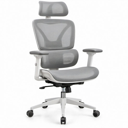 Ergonomiczny fotel biurowy obrotowy z zagłówkiem, regulacją i podparciem lędźwiowym, szary/jasnoszary/czarny, 65 x 65 x 119–129 cm