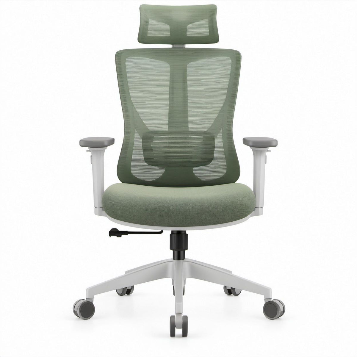 Ergonomiczny fotel obrotowy z regulowanym zagłówkiem i podłokietnikami, zielono-szaro-biały, 66 x 66 x 118–128 cm