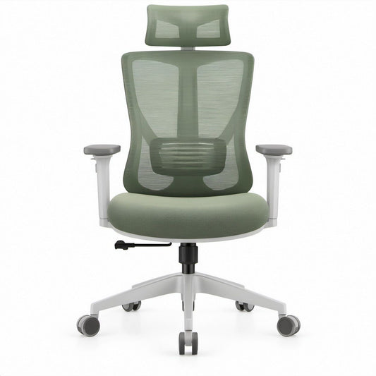 Ergonomiczny fotel obrotowy z regulowanym zagłówkiem i podłokietnikami, zielono-szaro-biały, 66 x 66 x 118–128 cm