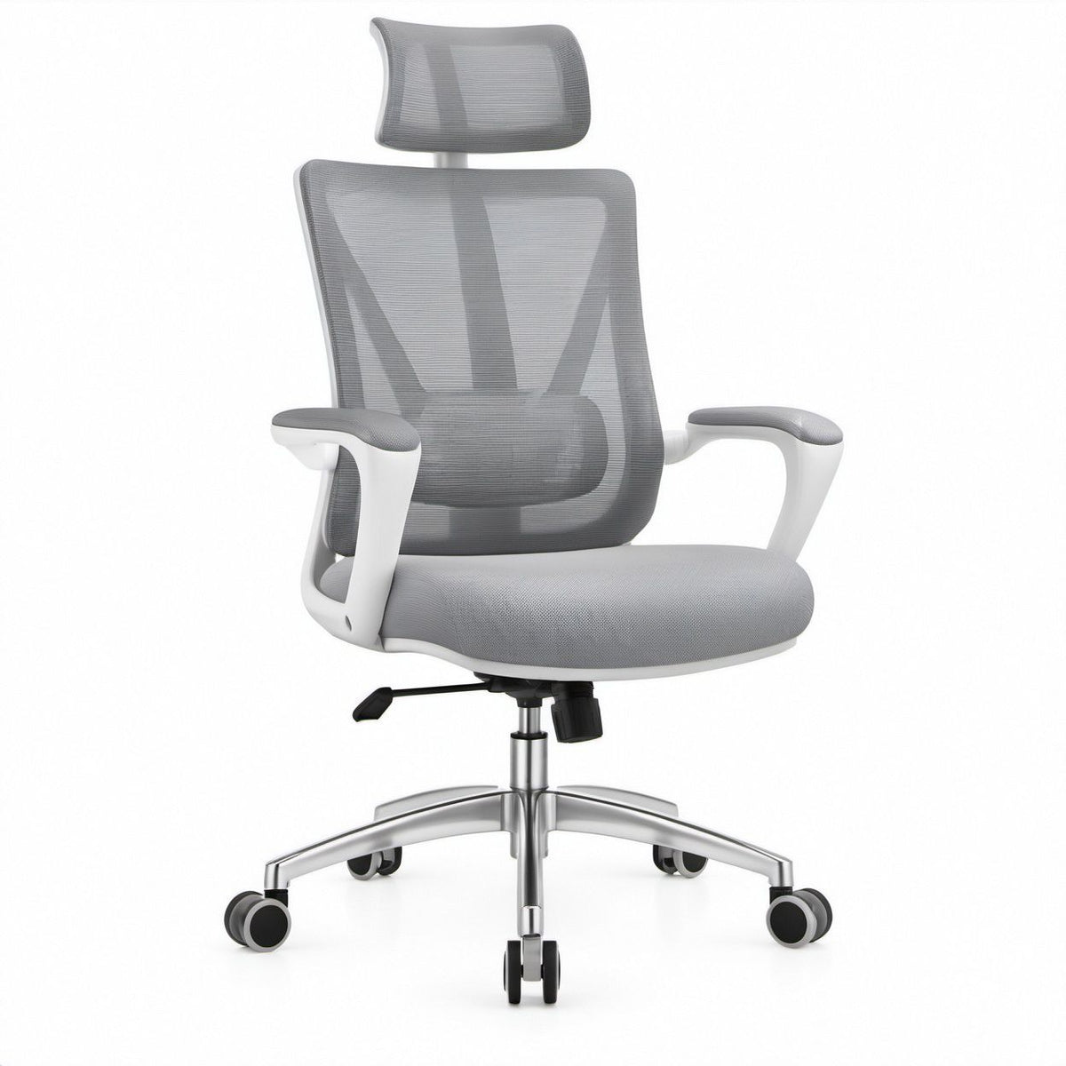 Ergonomiczne krzesło obrotowe z zagłówkiem i siatkowym oparciem, szaro-białe, 64 x 64 x 117–127 cm