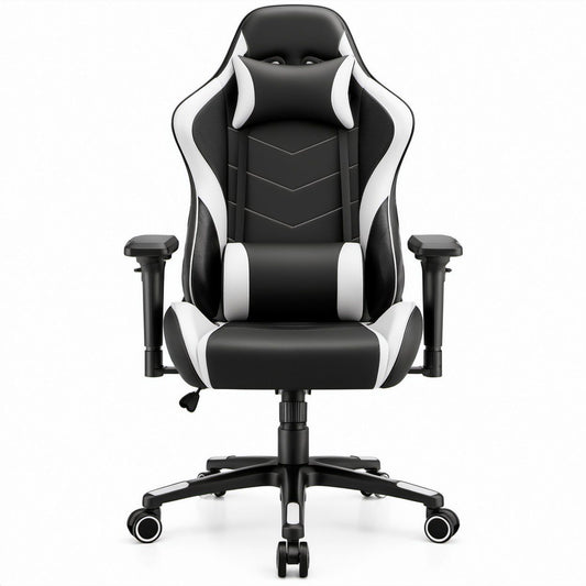 Fotel gamingowy obrotowy czarno-biały z ekoskóry PU, 66 x 66 x 125–135 cm