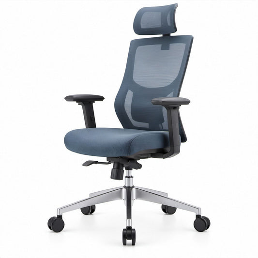 Ergonomiczne obrotowe krzesło z siatkowym oparciem i zagłówkiem, granatowo-czarno-srebrne, 64 x 64 x 118–128 cm