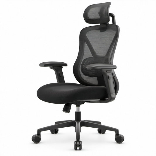 Ergonomiczne obrotowe krzesło biurowe czarne z siatkowym oparciem, 65 x 65 x 120–130 cm